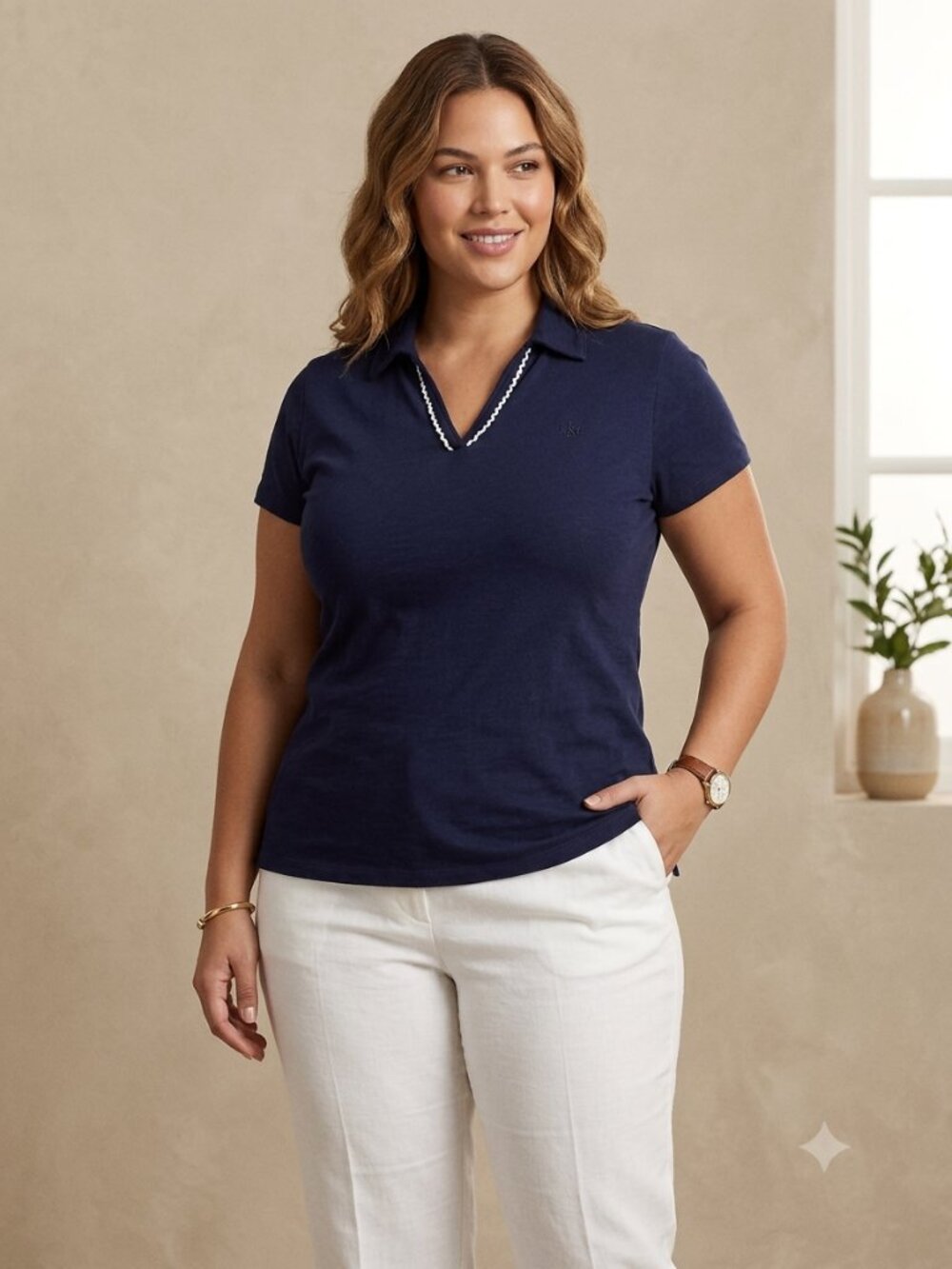 Belle by Kim Gravel Women's Size 1X Navy Blue Short Sleeve Ruffle Trim Polo Top